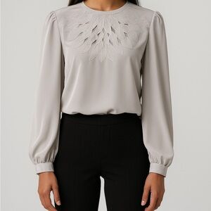 Alice Stuart Vintage Elegant Gray Leaf Cutout Top